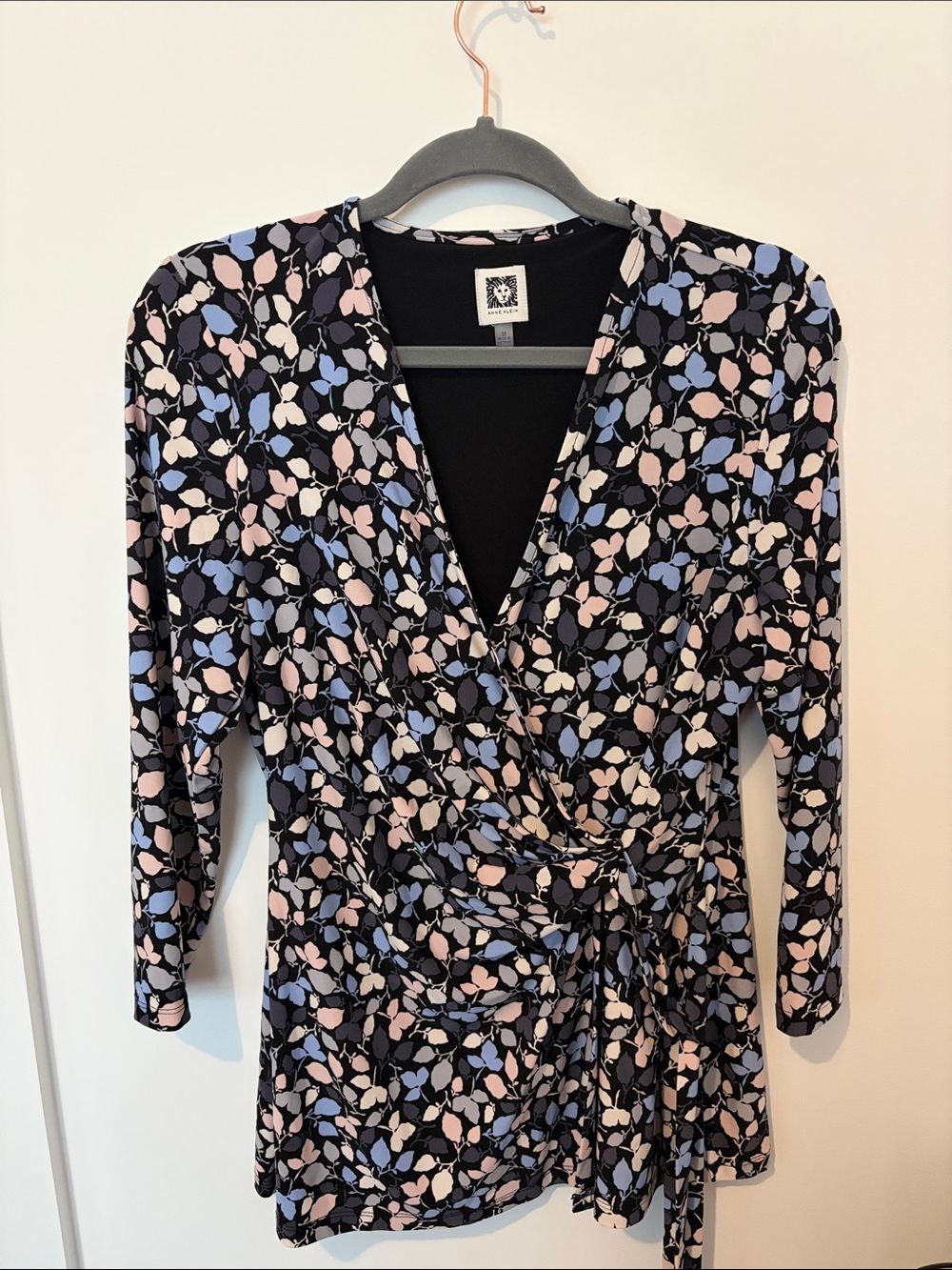 Anne Klein Black Wrap Dress with Pink & Blue Floral Print